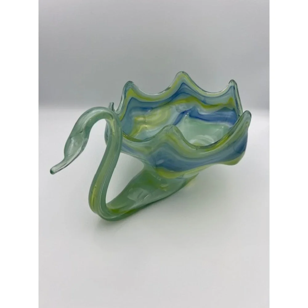 Vintage Art Glass Swan Bowl Blue Green Yellow Swirl Ruffled Edge Centerpiece